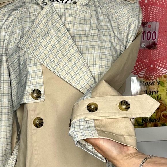 NWT Avec Les Filles Tan and Blue Plaid patchwork Trenchcoat Medium - Picture 14 of 16